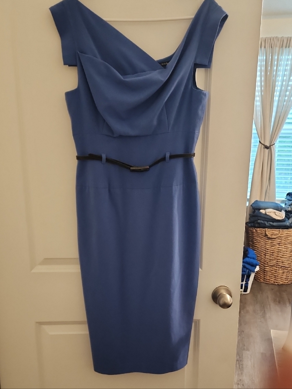 Black Halo Blue Cowl Neck Sheath Dress with Black Belt